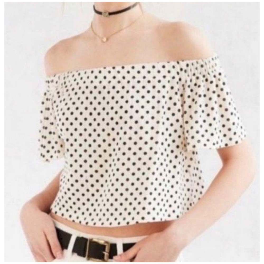 KIMCHI BLUE Black Polka Dots Off Shoulders Cream Blouse
